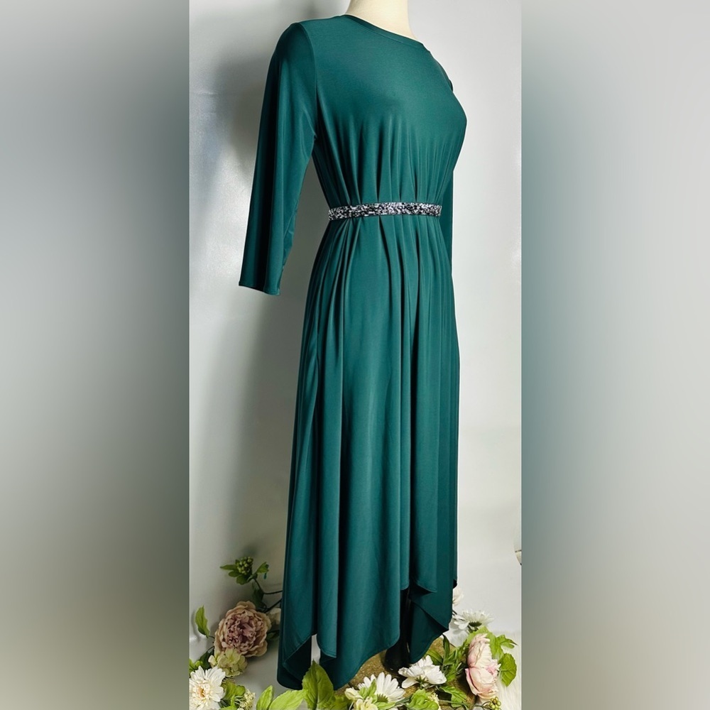 Teal Green Long Sleeve Maxi Dress with Sparkle Waist - Picture 4 of 6